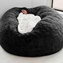 Giant Fur Bean Bag Chair Cover for Kids Adults, (No Filler) Living Room Furniture Big Round Soft Fluffy Faux Fur Beanbag Lazy Sofa Bed Cover (Black, 6FT)