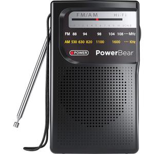 PowerBear Portable Radio | AM/FM, 2AA Battery Operated with Long Range Reception for Indoor, Outdoor & Emergency Use | Radio with Speaker & Headphone Jack (Black)