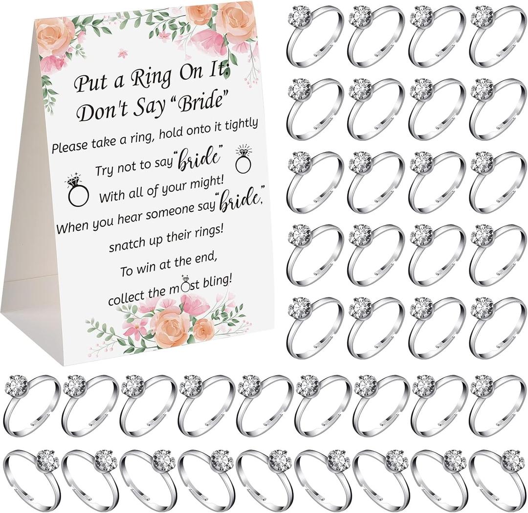 Woanger Put a Ring on It Bridal Shower Game with 50 Fake Rings, Rustic Greenery Theme Wedding Shower Games Wedding and Engagement Rings and Not Say Bride Rules Cards(Flowers,Silver)