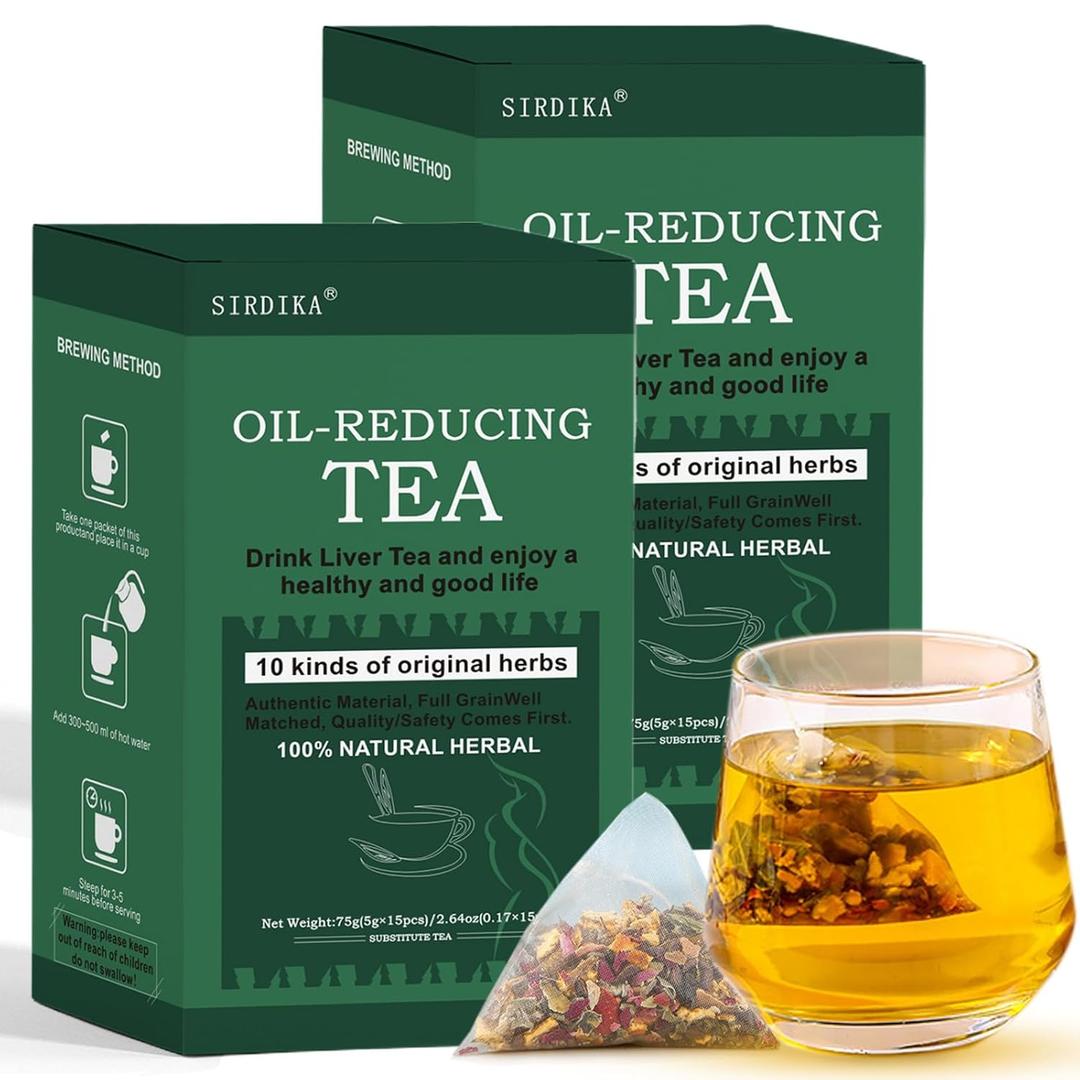 Oil-Reducing Tea - 10 Herbal with Excellent Formula, Oil Cleansing Tea for Liver, Oil-Reducing Tea Herbal Chinese Tea, 15 Tea Bags (2 Box(30pcs)) (EXP: 04/19/2026)