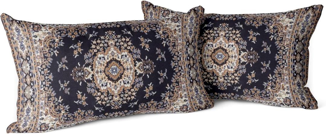Snycler Boho Throw Pillow Covers 12x20 inch Set of 2 Black Medallion Border Area Rug Double Sided Pattern Cotton Soft Pillow Case Cushion Cover Pillowcase for Couch Sofa Bed Decorative