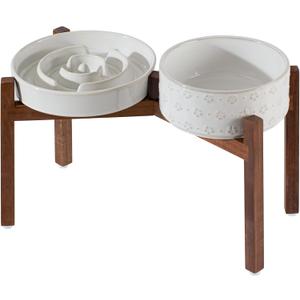 Havniva Ceramic 1.6 Cup Raised Slow Feeder Dog Bowl Set, Elevated 7.3inch Bowl and 8.2inch Dish with Acacia Wood Stand for Medium and Large Dog(Reactived Glaze -White