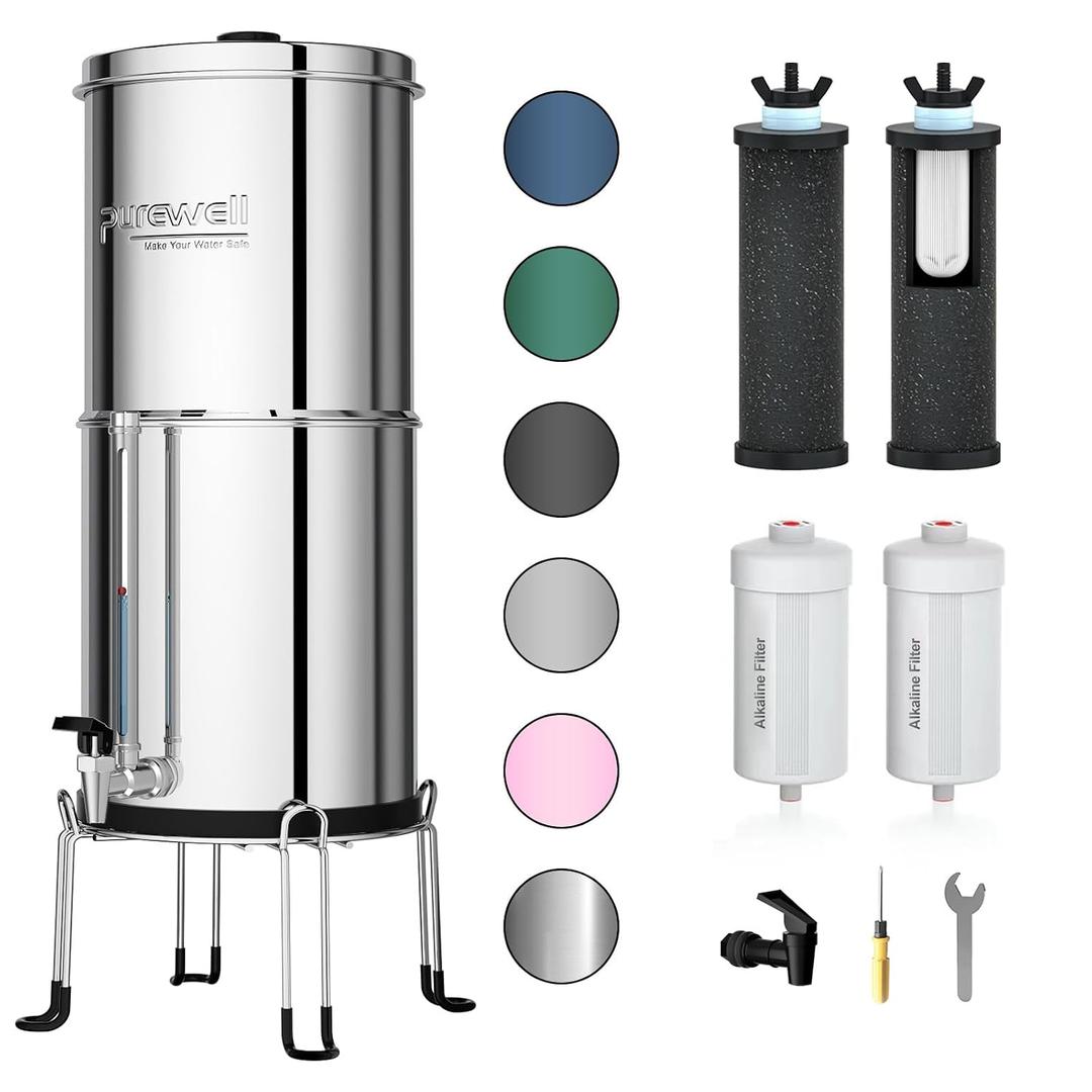 Purewell 7-Stage 0.01m Ultra-Filtration Alkaline Water Filter System with 4 Filters, Metal Water Level Spigot and Stand, 304 Stainless Steel, Reduce Fluoride & Chlorine, pH 8-9, 2.25G, PW-OB-FT