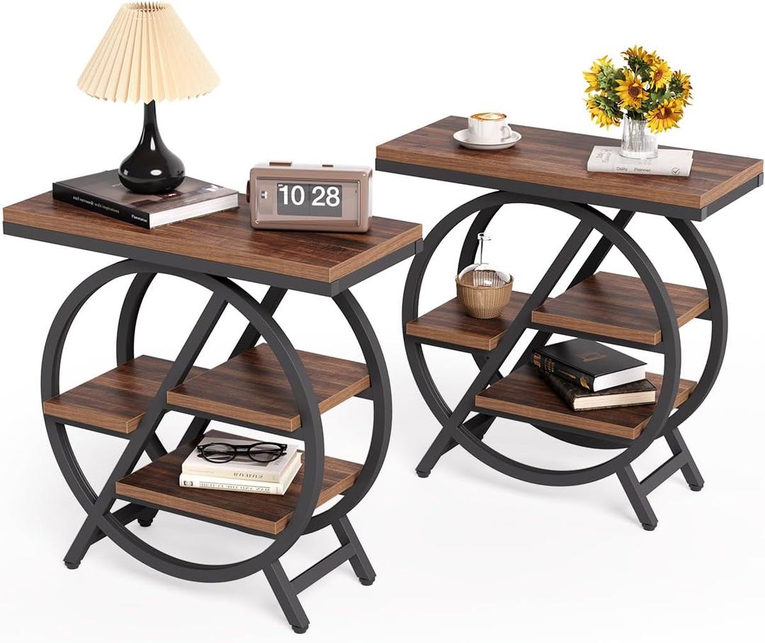 LITTLE TREE End Table, Set of 2 Narrow Side Table with 4-Tier Large Storage Space, Modern Bedside Table for Living Room, Home Office, Bedroom, Brown