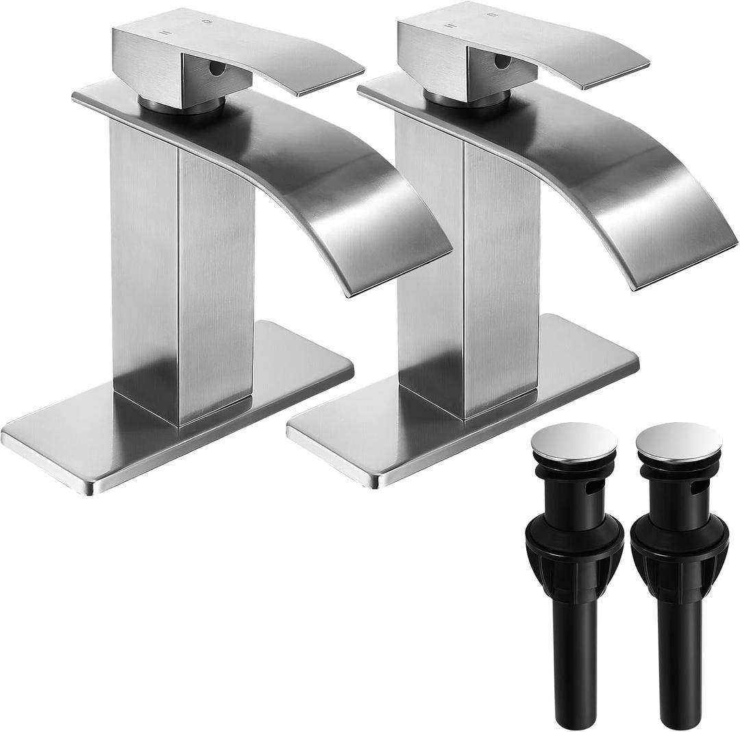 FRANSITON Brushed Nickel Waterfall Bathroom Faucet Lavatory Single Handle 1 or 3 Hole Bathroom Sink Faucet Washbasin Faucet with Deck and Pop-up Drain (Brushed Nickel- Set of 2, Short)