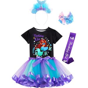 Doctor Unicorn Birthday Girls Mermaid Outfit Set Costume Tutu Skirt Dress, Mermaid Birthday Shirt, Headband & Satin Sash (Blue, S)