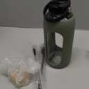 FULBEVY Glass Water Bottles 64 oz  Half Gallon Large Motivational Daily Water Intake Bottle Time Marker  Glass Water Bottle With Straw, Silicone Sleeve 2 Lids, Handle Spout & Bamboo Lid(Olive)