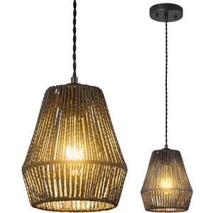 Woven Rattan Pendant Light Fixtures Farmhouse Black Pendant Lights Kitchen Island Wicker Boho Light Fixtures Ceiling Dining Room Coastal Pendant Lighting (7.08 in 1-Pack) (Type A:Black-1Pack)