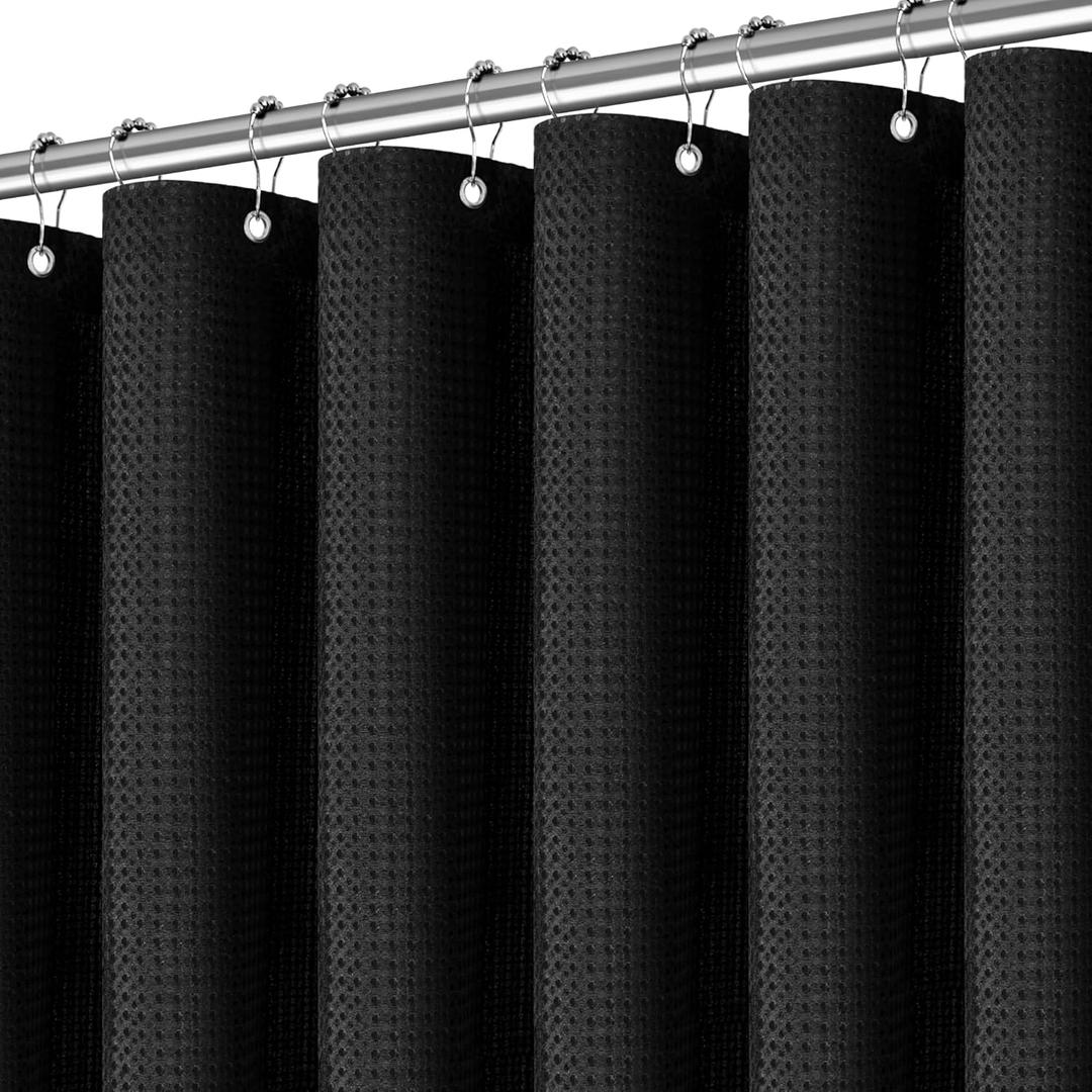 PANGSINNE 90 inch Long Waffle Textured Fabric Shower Curtains, 256GSM Heavy Duty Weighted Shower Curtain, Hotel Quality Luxury Polyester Bathroom Curtain with 12 Hooks, 72Wx90H (Black)