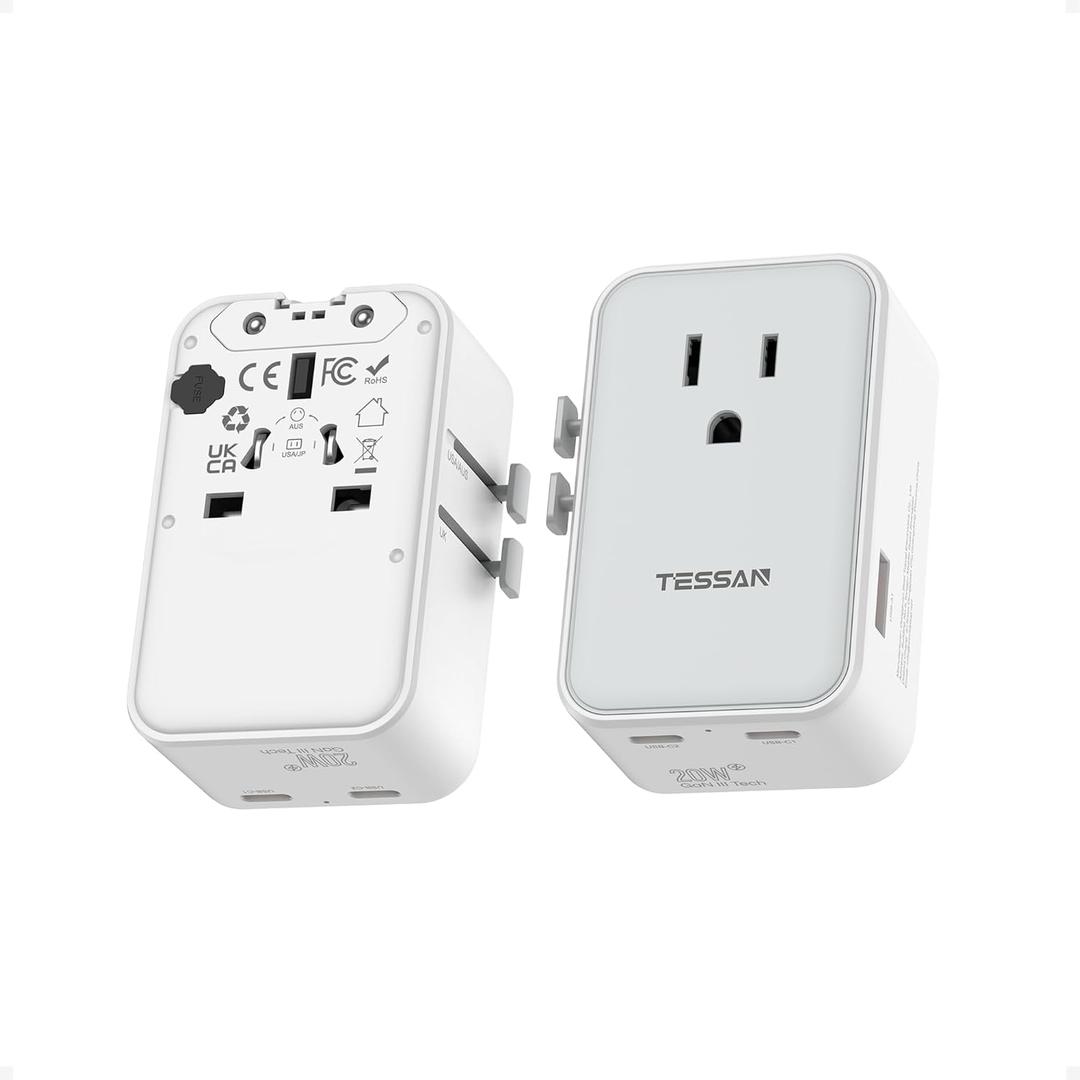 Universal Travel Adapter 20W, TESSAN Ultra Slim International Power Adapter with 2 USB-C 1 USB-A, Travel Plug Adaptor Worldwide for US to European UK Spain Italy England New Zealand (Type C G A I)