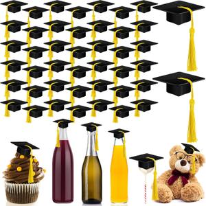 Qunclay 60 Pieces Mini Graduation Cap Hats Plastic Grad Cake Supplies Cover Toppers for Graduation Party Decorations (Black, Gold)