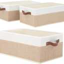 Closet Organizer Bins Pack of 3 , Large Storage Bins for Shelves, Foldable Closet Storage Boxes Baskets with Leather Handles for Organizing Clothes, Sheets, Jeans, Toys, Books（Beige