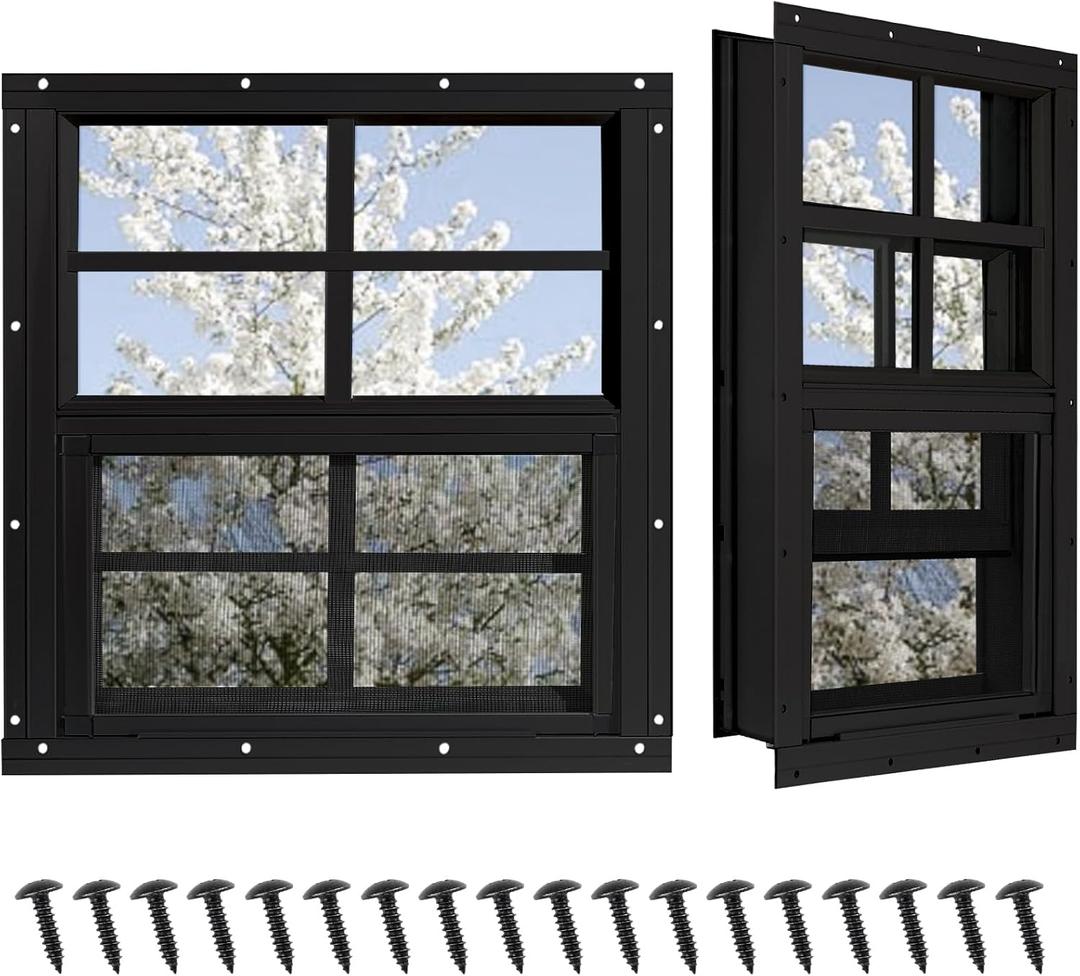 Shed Windows 2 Pack, Chicken Coop Windows 36" x 36" with Tempered Glass and Fiberglass Screen, Flush Mounted Small Window for Shed, Barns, Playhouse, Household, Garage (Black)
