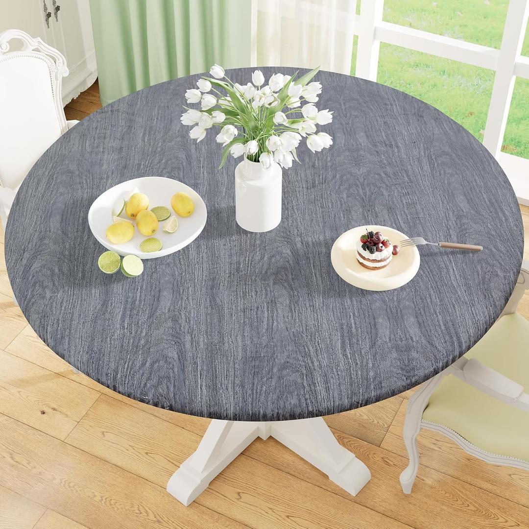 misaya Round Fitted Tablecloth with Elastic Edge, 100% Waterproof Oil Proof Plastic Table Cover, Vinyl Flannel Backed Tablecloth Fits 36"-44" Round Tables for Easter, Outdoor, Picnic, Wood Grey