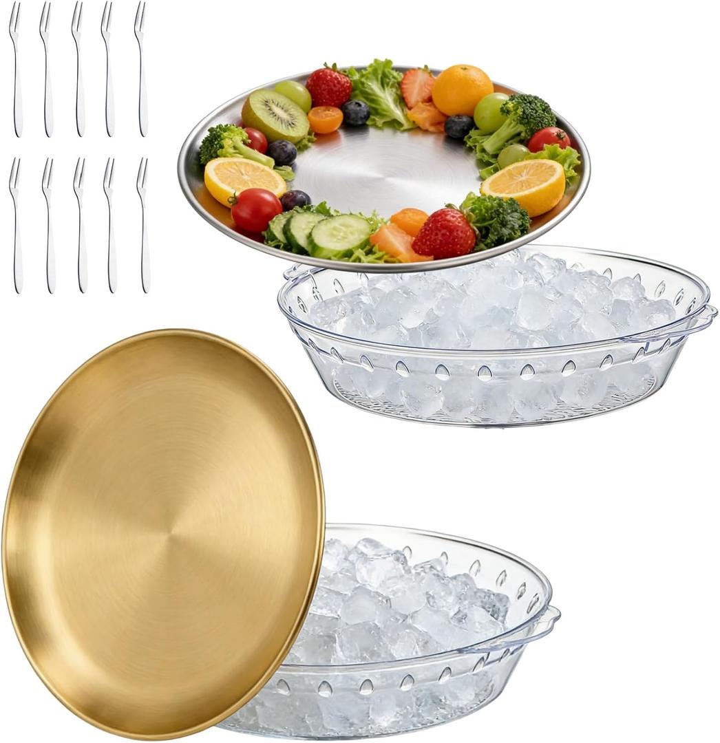 2-Pack 11.8" Chilled Serving Trays to Keep Food Cold, Gold & Silver Metal Round Plates, Plastic Ice Plates & 10 Forks, 2-Tier Ice Chilled Platters for Shrimp Cocktail, Appetizers, Buffet