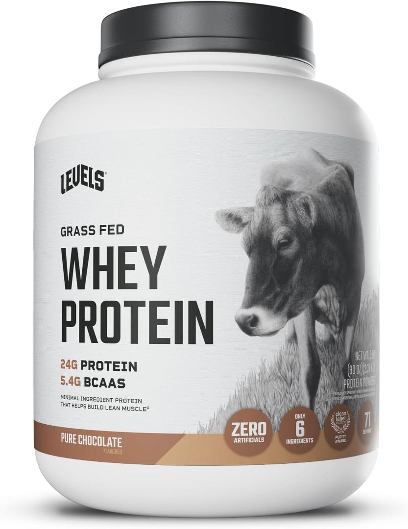 Levels Grass Fed Whey Protein Powder, No Artificials, 24G of Protein, Pure Chocolate, 5LB (EXP 04/06/28)