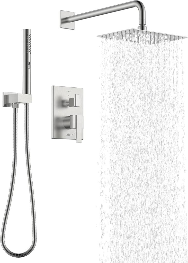 KENES Square Rainfall Shower System Faucet Set, Brushed Nickel Rain Shower Head and Handle Set, 10 Inch Stainless Shower Head with Handheld Spray (Shower Valve Included), LJ-6026A