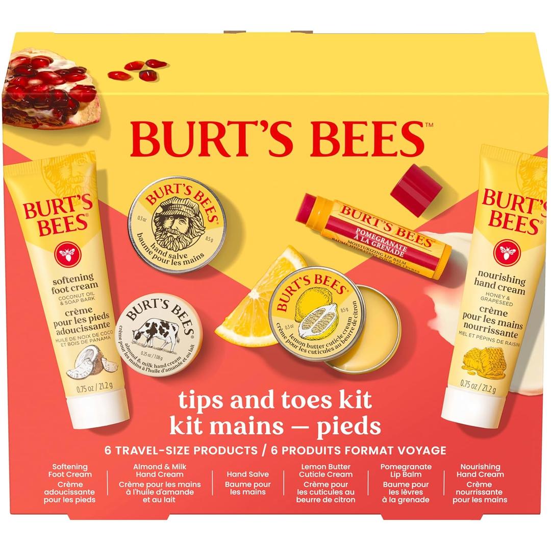 Burt's Bees Gifts Ideas, Tips and Toes Kit, 6 Travel Size Products - Pomegranate Moisturizing Lip Balm, 2 Hand Creams, Foot Cream, Cuticle Cream, and Hand Salve