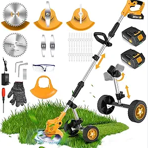 20000 RPM Electric Weed Wacker Cordless, 3-in-1 Weed Eater Cordless with Battery Powered, Lawn Mower/Grass Trimmer/Lawn Edger with 3 Types Blades, Battery Weed Wacker with Wheels (2 Battery, Yellow)
