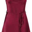 Women's Satin Mini Dress Spaghetti Strap Sleeveless Cowl Neck Tie Waist Silky Cocktail Party Short Dresses (Red, S)