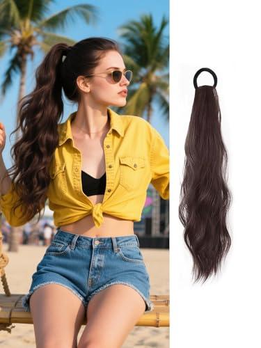 WZNBBOY 2PCS Curly Ponytail Extension with Elastic Tie 17 Inch Resistant Synthetic Natural Wavy Hairpiece Pony Tail Hair Extensions Wave Fake Ponytail Hairpieces for Women Daily Wear（Brown-1pcs）