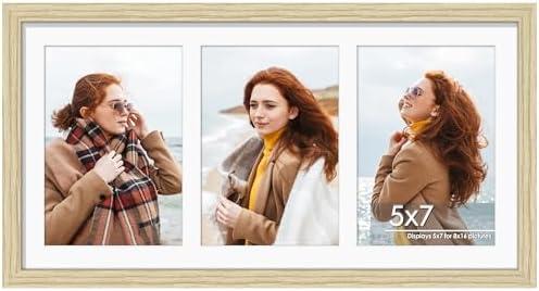 DUENPY 8x16 Collage Picture Frame 5x7 Collage Picture Frame Displays Three 5x7 inch Photos or 8x16 (Without Mat)  Horizontal Wall Mounting Display and Vertical Wood Color