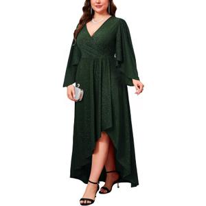 ZOMVA Plus Size 0X-4X Sparkly Glitter Formal Maxi A Line Dress Sparkle Wrap Handkerchief Sleeve Prom Cocktail Evening Gown (Green)