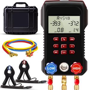 Digital Manifold Gauge, AMF-300 Digital AC Gauge Set HVAC Gauges with Super Soft 3000 Psi Air Hose Strong Biting Force Temperature Clamp for HVAC System Install Tool A2L R454B R-32 R-1234yf