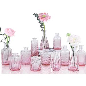 Pink Glass Bud Vases Set of 12, Mini Flower Vase for Centerpieces, Small Vases in Bulk for Wedding Decorations, Vintage Vase for Table, Home Dcor