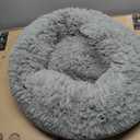 Furhaven 23" Round Calming Donut Dog Bed for Indoor Cats & Small Dogs, Washable, For Dogs Up to 20 lbs - Shaggy Plush Long Faux Fur Donut Bed - Gray, Small, 23.0"L x 23.0"W x 9.0"Th