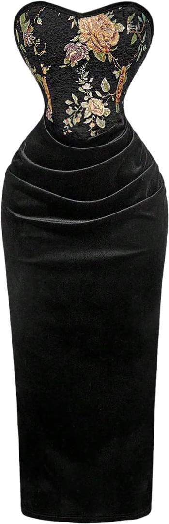 Milumia Women's Vintage Floral Tube Maxi Dress Strapless Ruched Bodycon Wedding Guest Party Dresses (Large, Black)