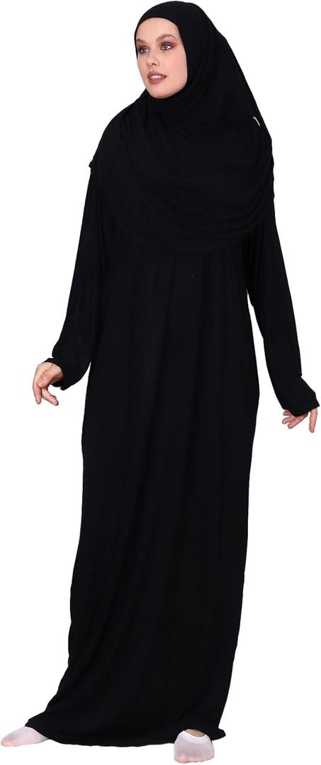 ihvan online Muslim Dresses for Women, Prayer Dress, Islamic Abaya with Hijab, One-Piece Long Sleeve Muslim Dress (One Size Tall, Black)