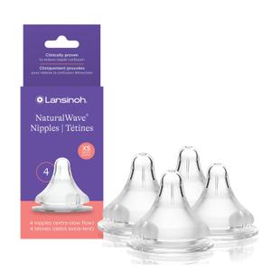 Lansinoh NaturalWave Baby Bottle Nipples, Extra Slow Flow, Size XS, 0+ Months, 4 Count 100% Soft, Durable Silicone, Made Without BPA BPS, Anti-Colic, Supports Babys Developing Mouth and Teeth