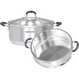 SUNHOUSE - 5.5 Quarts Steamer Pots With Lid 2-Tier Multipurpose Stainless Steel Steaming Pot Cookware For Vegetable, Dumpling, Sauce, Food - Triple Bottom, Measurement Line