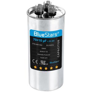 [UL Listed] BlueStars 70+10 uF 70/10 MFD 5% 370V/440VAC Dual Run Start Capacitor Air Conditioner CBB65 50/60Hz, 10000AFC - for AC Unit Fan Motor Start or Heat Pump or Condenser Straight Cool