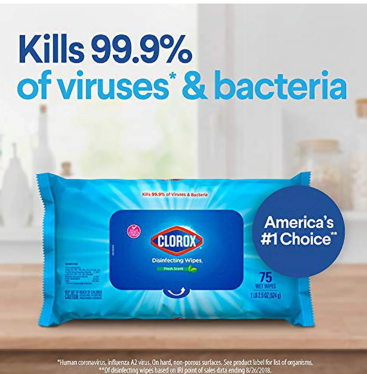 Clorox Disinfecting Wipes, Bleach Free, Household Essentials, Fresh Scent, Moisture Seal Lid, 75 Cleaning Wipes, Pack of 2 (New Packaging)