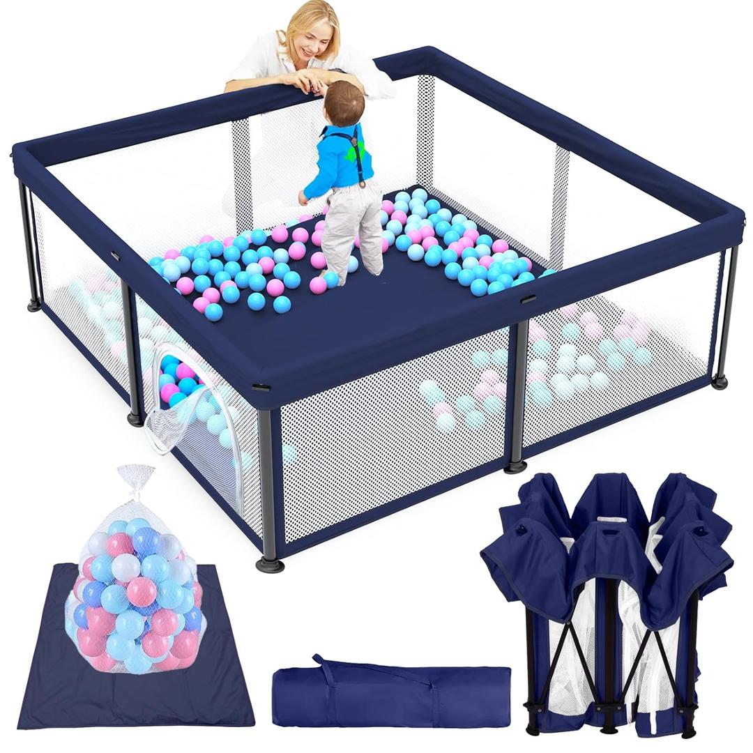 TOREVSIOR Foldable Baby Playpen with Mat, 50"50" Collapsible Play Pen for Babies and Toddlers, Indoor & Outdoor Kids Safety Play Pen, Portable Play Yard, Foldable Baby Playpen with 50 Ocean Balls (Blue)