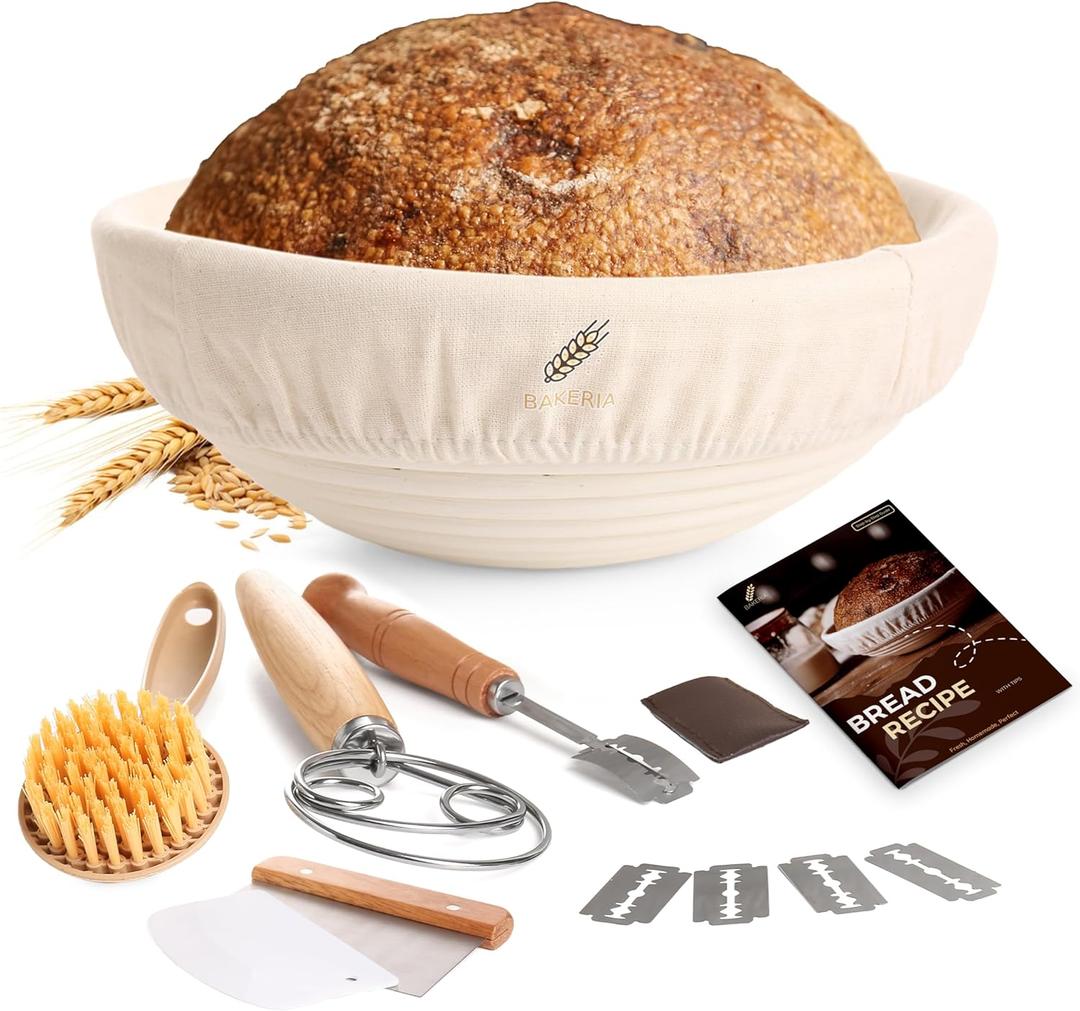BAKERIA 9" Sourdough Bread Proofing Basket Kit  Artisan Banneton Set, Linen Liner, Whisk, Bread Lame & Blades, Scrapers, Brush, Recipe Book  Complete Baking Tools Gift