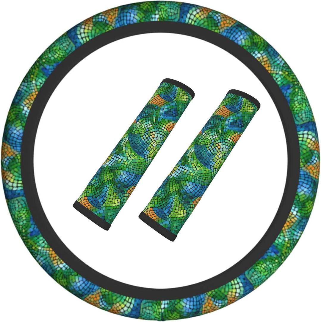 Colorful Snake Skin Steering Wheel Cover Elastic Non-Slip Car Steering Wheel Covers with Seat Belt Shoulder Pad for Women Men