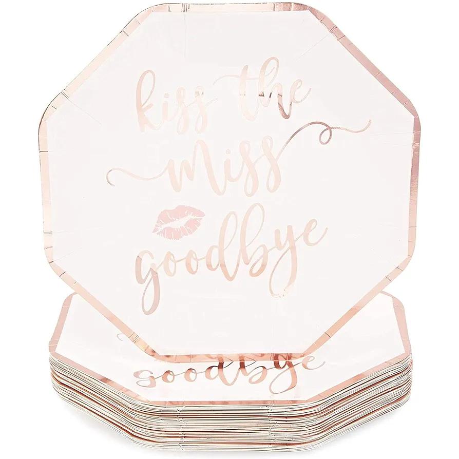BLUE PANDA Bachelorette Party Plates - Kiss the Miss Goodbye, Rose Gold, 48 Count
