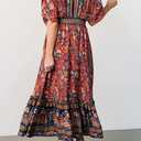 R.Vivimos Women's Summer Boho Floral Print Midi Dress Short Sleeve Deep V Neck Empire Waist Flowy Beach Dress with Pockets (XL, Blue)