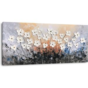 Yihui Arts Floral Paintings Canvas Wall Art Living Room Decor Contemporary Grey Artwork Pictures Framed Ready to Hang, 48"L x 24"W
