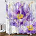 Purple Gold Marble Floral Shower Curtain, Abstract Texture Flower Fabric Shower Curtains, Modern Luxury Aesthetic Ink Art Decor Waterproof Polyester Bathroom Curtain with 12 Hooks, 72x72 Inch
