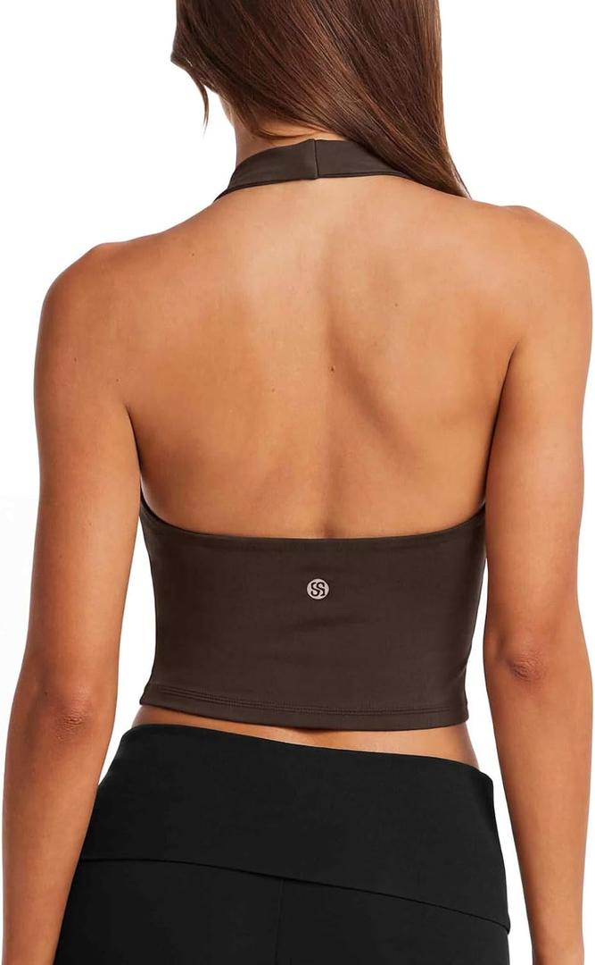SUUKSESS Women Padded Halter Sports Bra Backless Longline Workout Crop Tank Tops (Brown, L)