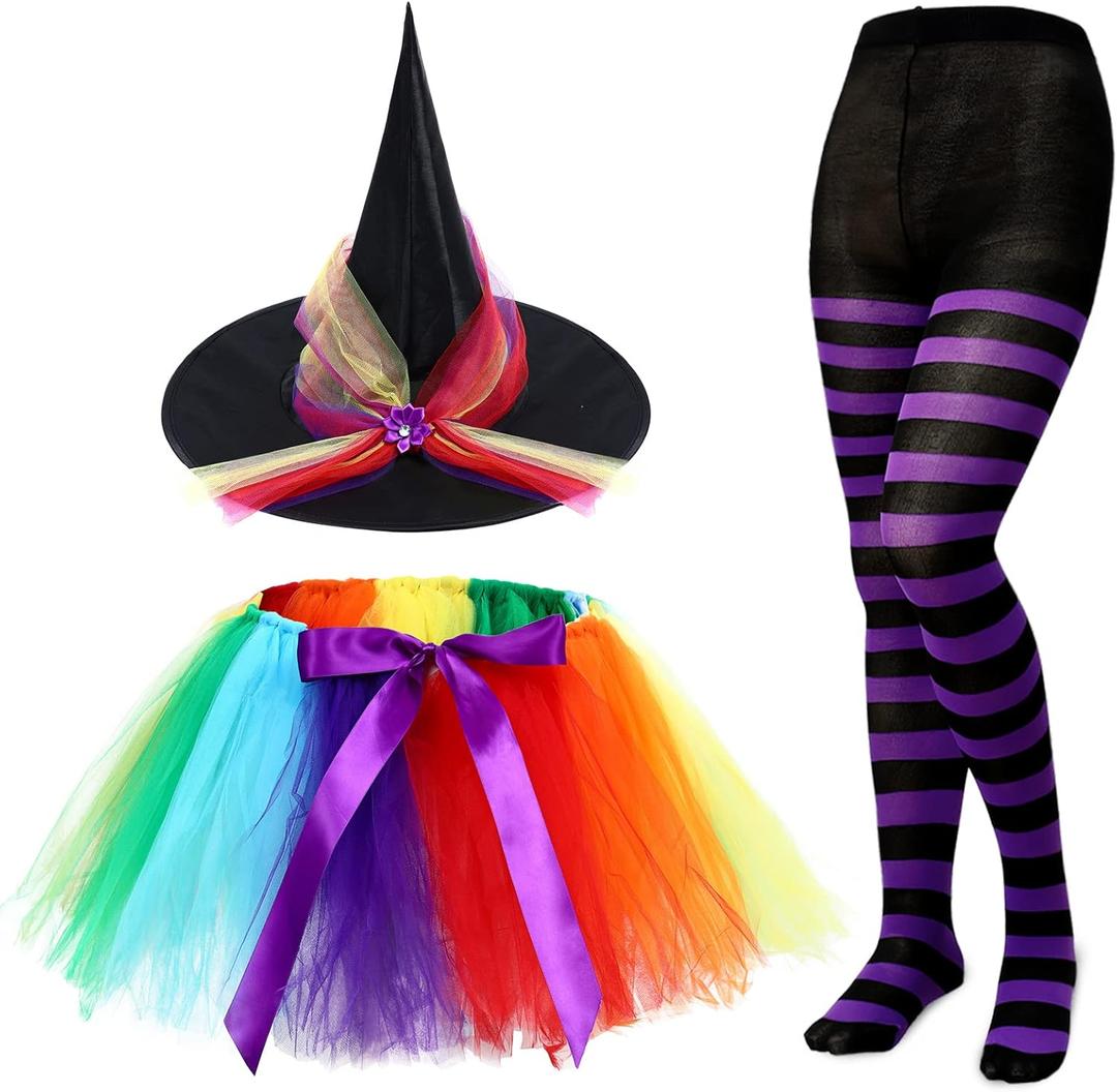 SATINIOR Halloween Witch Costume for Women 2025 Halloween Witch Hat Tutu Skirt and Striped Tights for Cosplay Party(Purple Black with Rainbow)