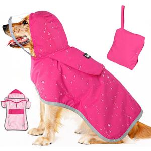 SlowTon Dog Raincoat, Adjustable Dog Rain Jacket Clear Hooded Double Layer, Waterproof Poncho with Reflective Strip Straps and Storage Pocket for Small Medium Large Dogs Puppies(FU XL)