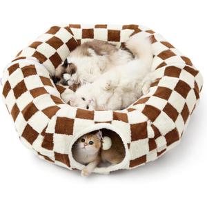Lesure Large Cat Tunnel Bed - Cute Donut Bed for Indoor Cats with Washable Circle Cushion, Round Pet Peekaboo Cave Toy for Multi Kitten/Puppy/Rabbit, Large Brown Checks