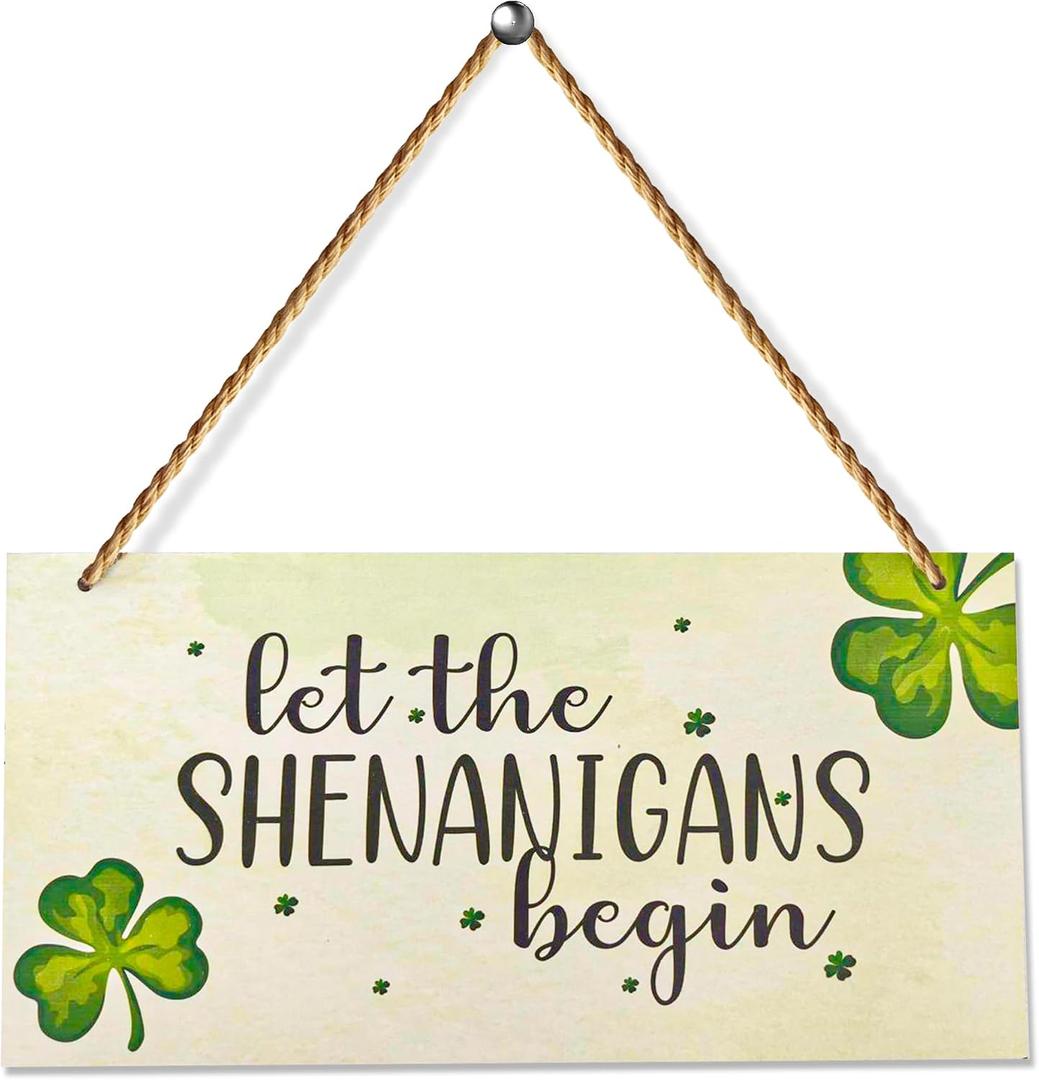 4E's Novelty "Let The Shenanigans Begin" Funny Hanging St. Patricks Day Shamrock Wood Decor Sign, Green Wooden Door Hanger for Front Doors, Festive and Classy Saint Patricks Day Door Decoration, Lucky Shamrock Sign Home Decor