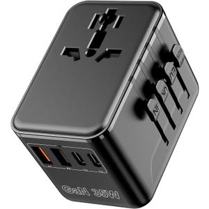 Universal Travel Adapter - 6 in 1 International Plug Adapter with Fuse Auto-Resetting, USB-C PD Fast Charging Worldwide Power Outlet for USA to European UK AUS India, Type C/G/D/I/A, Black