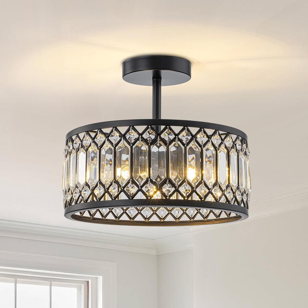 HongnuoFc 12 Inch Crystal Chandelier Black Ceiling Light Modern Semi Flush Mount Ceiling Light Round Hallway Lighting Fixtures Chandeliers for Bedroom Kitchen Laundry Room (Black)